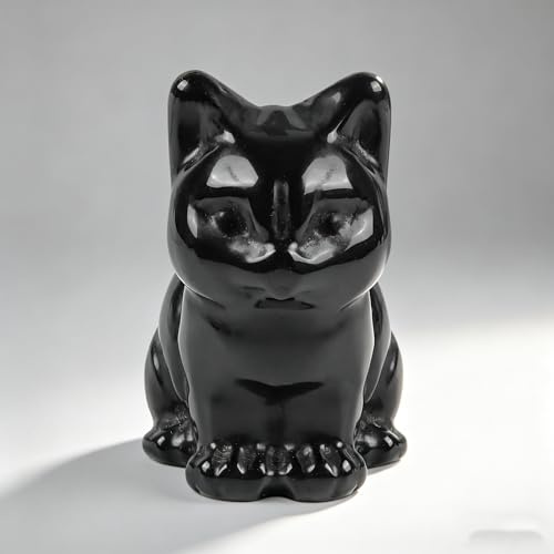MINWEGI Handmade Black Obsidian Lucky Cat Figurine - 30x20mm Mini Crystal Ornament for Home Decor, Spiritual Gift for Cat Lovers (Five Fortune Cat) (Black, 30 * 20MM)