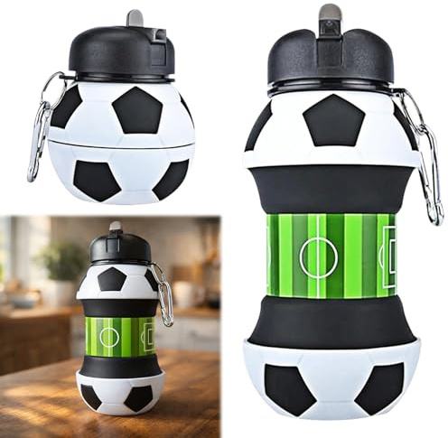 Ebksqs Botella Agua Futbol Plegable 550ml, Silicona con Mosquetón, Cantimplora Deportiva sin BPA para Deportes, Camping y Regalos Originales