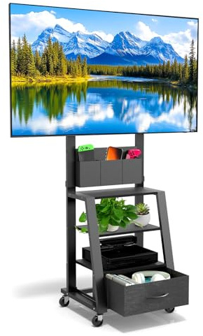Support TV à roulettes avec tiroir et 3 Niveaux, Plats/incurvés de 23-60 LCD/LED/OLED. Hauteur réglable Chariot TV Mobile avec roulettes pour Maison, Bureau l'extérieur. VESA Max 400 x 400 mm, Noir