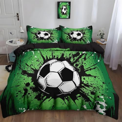 Set Copripiumino Singolo 135x200 cm Calcio Stampa 3D Biancheria da Letto Tema Sportivo Morbida in Microfibra 3 Pezzi 1 Copripiumino e 2 Federe con Cerniera B.2135