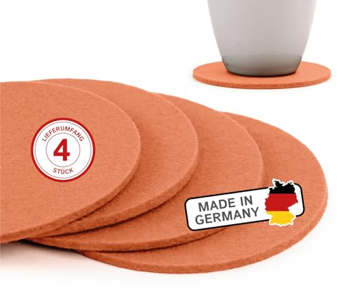 filzbrand Filz Untersetzer rund für Gläser, Filzuntersetzer 4 Stück (4er Set), Ø 10 cm in Pastell orange, 3 mm dick, Glasuntersetzer, Getränkeuntersetzer aus Designfilz 100% Wolle – Made in Germany