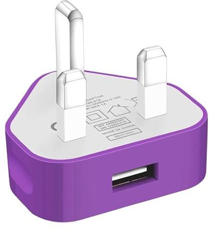 AMO® Universal USB Mains UK 3 Pin Plug Charger Adapter Compatible with Samsung Galaxy Compatible with iPhone iPad Sony Tab HTC Windows Phone Tablet & USB Socket (Purple)
