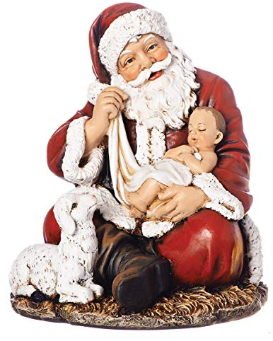 Joseph's Studio by Roman, 6 H Sitting Santa with Baby Jesus and Lamb Figure, Kneeling Santa Collection, Resin and Stone Christmas Decor
