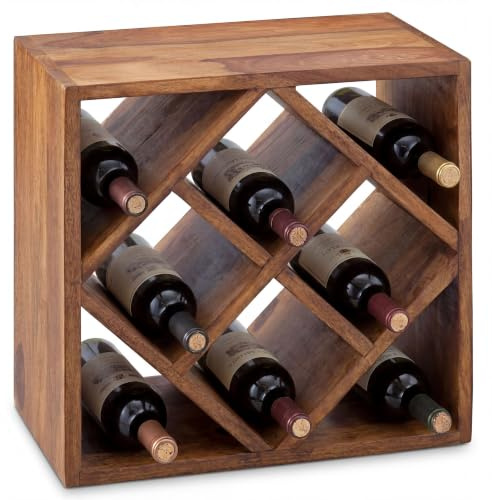FineBuy Weinregal 40x25x40 cm Massivholz Braun für 8 Flaschen | kleines Flaschenregal stehend für die Küche, Standregal schmal, Weinhalter handgefertigt, Unikat