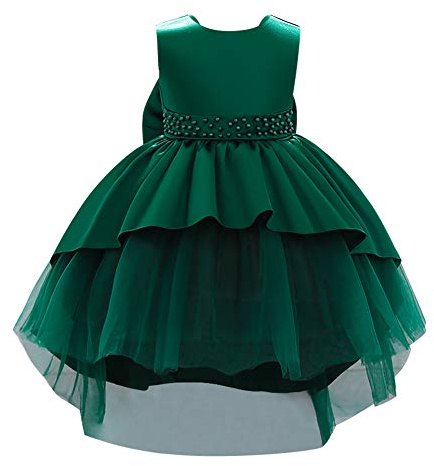 IWEMEK Fille De Fleur sans Manches Hi-lo Plissé Satin Tulle Bowknot Robe De Princesse Demoiselle d'honneur Robes De Mariée Communion Fête d'anniversaire Soirée Robe De Bal Vert foncé 18-24 Mois