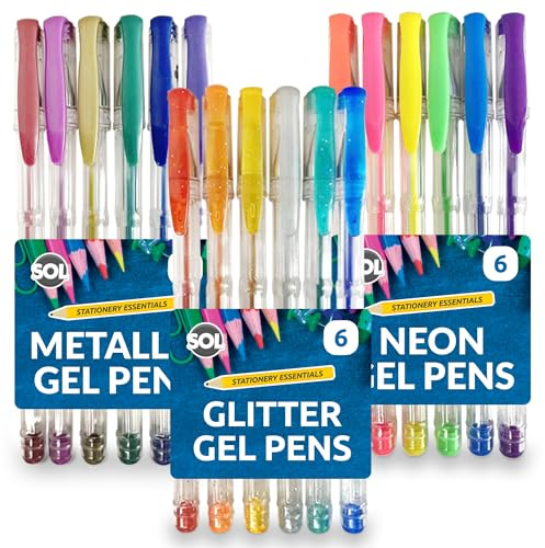 SOL 18pk Gel Pens, 3 Sets of Assorted Coloured Gel Pens for Writing, Glitter, Neon & Metallic Inks in Vibrant Colours, Smooth Ink Flow, Perfect for Journaling, Drawing, Crafting, and Office Supplies