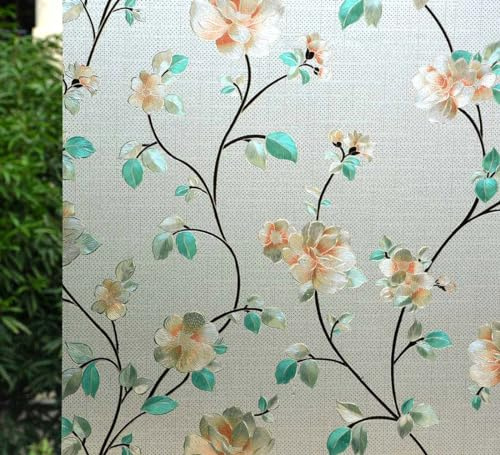VSUDO Privacy Window Film, Jasmine Flower Pattern Window Tint for Home, Static Cling Window Glass Sticker (75x200 cm)