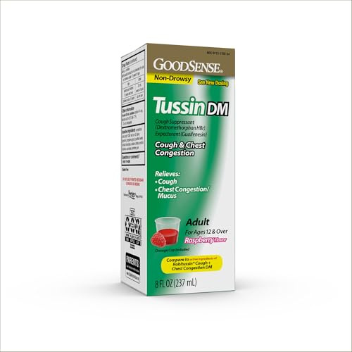 GoodSense Tussin Cough Syrup DM, Raspberry Flavor, Effective Relief for Cough and Chest Congestion, Thins Mucus, 8 Fl Oz