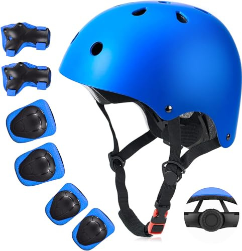 Kids Bike Helmet Set, CPSC Certified with Knee Pads Elbow Pads Wrist Guards,Adjustable Helmet for Ages 3-5-8-15 Toddler Kids&Youth,Bicycle Skateboarding… (Bule, Small (3-9 Years))