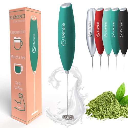 Elementi Milk Frother Handheld - Powerful Mini Matcha Frother Whisk - Hand Held Coffee Whisk Electric & Frappe Maker - Drink Mixer, Stirrer & Electric Milk Foamer (Emerald Green)
