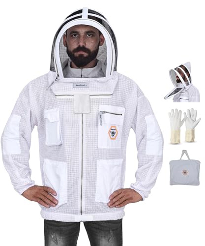 Bee Proof Beekeeping Jacket with Veil 3-Layer Ultra Ventilated Veil Fencing YKK Zippers Full Protection Suit Carrying Bag (BP-301-White)-XXL