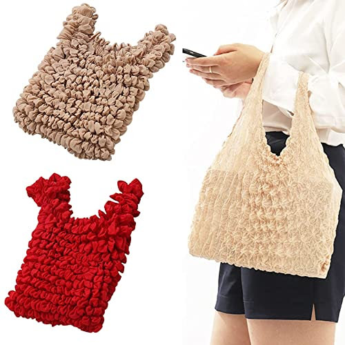 Lanakila 2 STÜCKE Magic Stretch Bag Plissee Tasche, wiederverwendbare Baumwoll-Mesh-Einkaufstaschen, niedliche einfarbige Blase Blume Einkaufstasche (F)