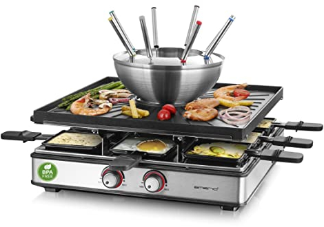 EMERIO 3in1 Raclette Station für bis zu 8 Personen, Grill Fondue, elektrisch, Temperaturregulierung, Bratfläche 38x37cm, Beleuchtung, 2200 Watt, platzsparend, Edelstahl, BPA frei, RG-128187, Schwarz