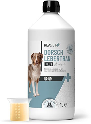 ReaVET Dorschlebertran Plus Lachsöl für Hunde & Pferde 1L – Barf Öl Lebertran, Fischöl reich an Omega 3, Hund Barföl, Futteröl