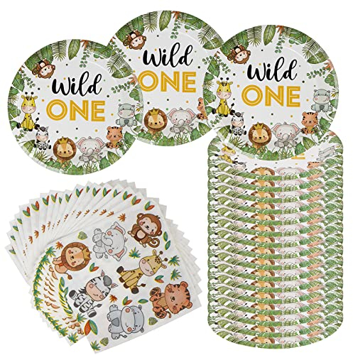 AINIUNIU Animali della Giungla Piatto Compleanno, Stoviglie per Feste di Compleanno Animali, 40 Pcs Wild One Animali della Giungla Piatti, 20 Tableware e 20 Tovaglioli, 20 Ospiti