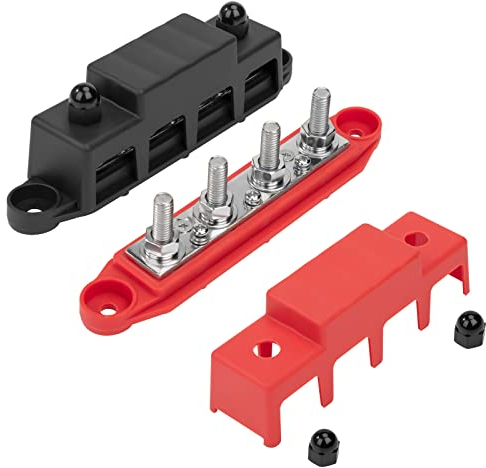 QIMEI-SHOP Blocco di Distribuzione dell'alimentazione 12V-48V DC Busbar 250A Morsettiera di Alimentazione con 4 x M8 Terminale a Bolts per Auto Camion Barca Rosso e Nero 2 Pezzi