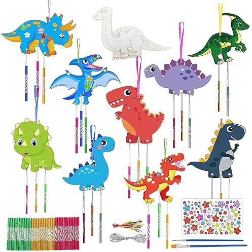 10 Stück Dinosaurier-Windspiel Bastelset zum Bemalen, Holzbastelsets Kinder | Dinosaurier Bastelset, Diamantaufkleberpinsel, Holz Bastelhandwerk zum Bemalen, Outdoor-Hängedekoration für Kindergeburtstag
