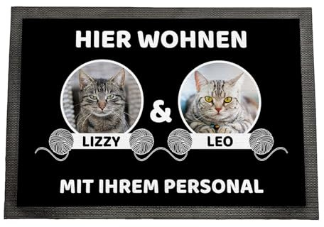 Fußmatte personalisiert Katze mit Bild | Bis zu 3 Katzen | rutschfeste Schmutzfangmatte mit Katzenmotiv | Geschenk für Katzenliebhaber Geschenkidee | Fussmatte Außen Innen | 50 x 35 cm mit Gummirand