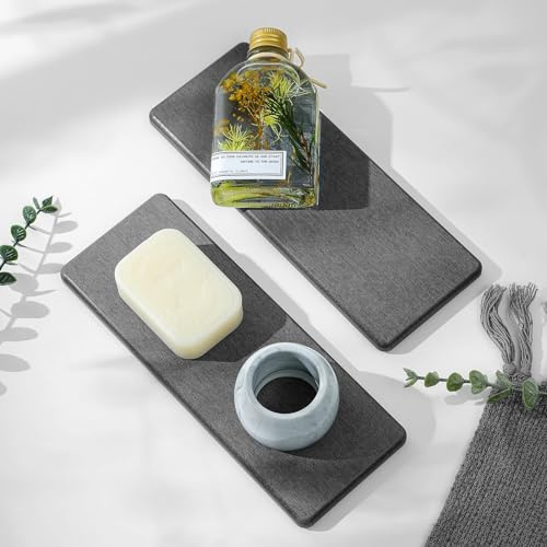 Razborci 2 x Badezimmer-Waschbecken-Tabletts, wasserabsorbierender Kieselgur-Stein, schnell trocknende Matte für Küchentheke, Geschirrregal, Seifenspender, Schwammhalter, Organizer, dunkelgrauer