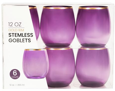 PLASTICPRO 6 Pack Purple With Gold Rim Plastic Wine Glasses Stemless Disposable 12 oz BPA Free Shatterproof Plastic Wine Cups Wine Glasses for Parties