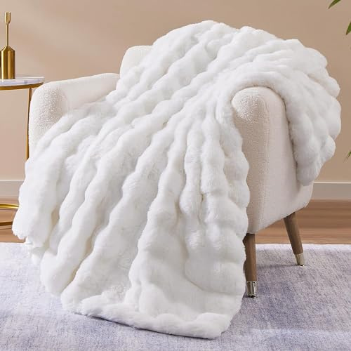 Kunstpelz-Decke aus Kaninchenimitat, luxuriöse weiche warme Bubble-Decke für Bett, Couch, Sofa, Weiß, 160 X 200 cm