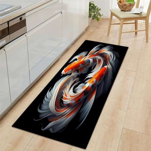 Küchenläufer Schwarz Küchenmatte 60x150 cm, Karpfen-Koi Glück Gehabt rutschfest Waschbar Küchenteppich Teppich Läufer Küche, Anti-Müdigkeit Teppichläufer, Staubdicht Fußmatte