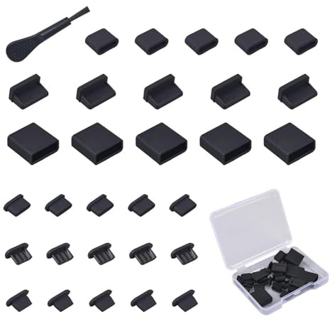 Playcrate 30x USB Dust Cover Port Plugs: Assorted Silicone USB Cap Port Stoppers for USB Type-C, USB C Male, Micro USB, USB A Female & Male Ports, Complete with Cleaning Brush