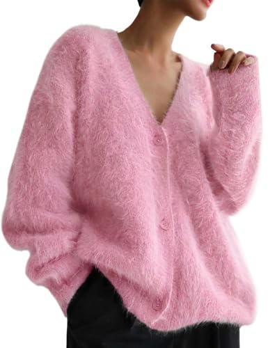 Yimoon Suéter tipo cárdigan mullido para mujer, cuello en V, manga larga, con botones, suéter de punto peludo holgado 2025