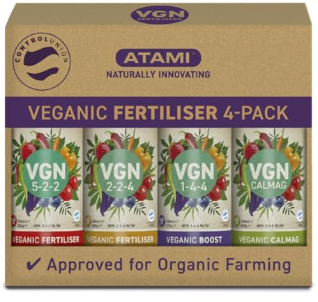 Atami VGN Starterpack - veganer Bio-Dünger 4x250ml | Liefert Nährstoffe und Mikronährstoffe | Reich an organischen Verbindungen | organischer Pflanzendünger | Wuchs- & Blüte | CalMag | Booster