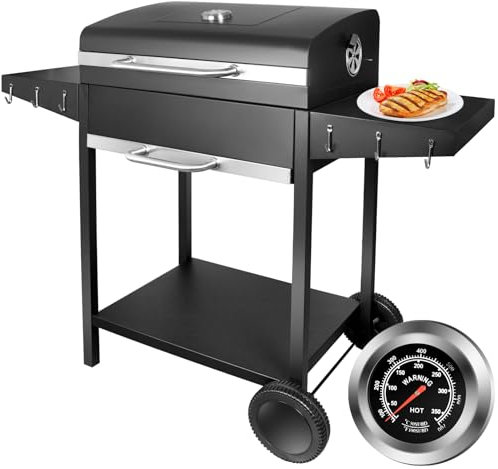 kisidus Holzkohle Grillwagen, Holzkohlegrill mit Deckel und Thermometer, groß Kohle mobiler BBQ Grill für Garten, Camping und Outdoor-Events