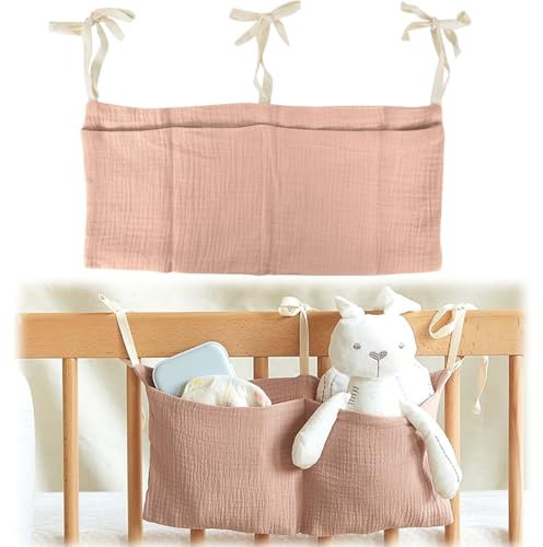 Babybett Organizer, Kinderzimmer Hängender Bett Organizer mit 2 Taschen, Organizer Beistellbett Baby, Betttasche Spielzeugtasche, Aufbewahrungstaschen für Betten, für Windeln Kleidung Spielzeug (Rosa)