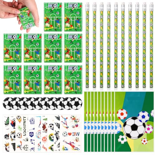 Kaisibum Fussball Mitgebsel Jungen Set,50 Stück Fußball Party Mitgebsel Kinder mit 10 Fußball Bleistift 10 Fussball Radiergummi 10 Aufkleber 10 Geschenktüte 10 Flipperspiel Fußball Spiele
