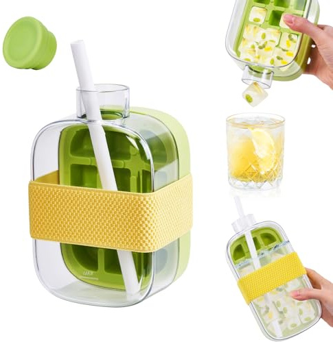 Ice Cube Bottle Tray with Lid, 2 in 1 Water Bottle Ice Cube with Straw, 2025 New One-Touch Ice Release & No Touching,Ice Cube Making Bottle for Freezer,Coffee, Juice,and Beverages (Green 500ml)