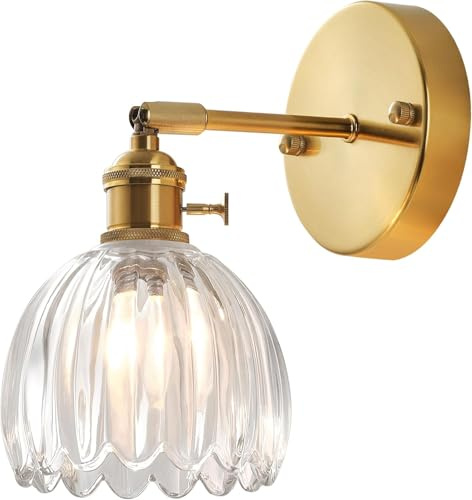 TOKTOP Applique da parete in vetro fiore vintage ottone dorato con interruttore lampada da parete E27 lampada da parete per interni applique per bagno camera da letto soggiorno