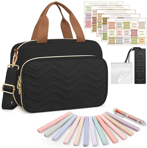 FINPAC Large Bible Cover Case for Women, Bible Study Supplies Journaling Kit with Shoulder Strap, Christian Gifts Church Bag, Black