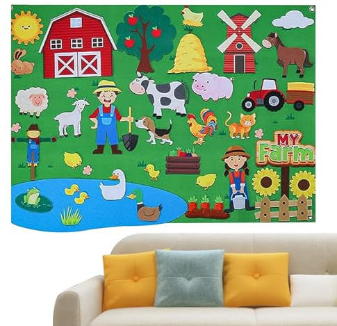 Genikeer Fuzzy Felt Story Boar-d Set, Farm Animals Flannel Teaching Felt Boar-d for Kids, Wall Activity Preschool Educational Toy for Toddler, 104x75cm