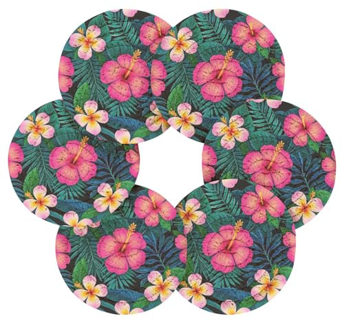 Summer Plumeria Hibiscus Palm Leaf Decorative Drink Coasters Set Coasters for Drinks Absorbent House Bar Accessories Housewarming Gift and Holder Set of 6