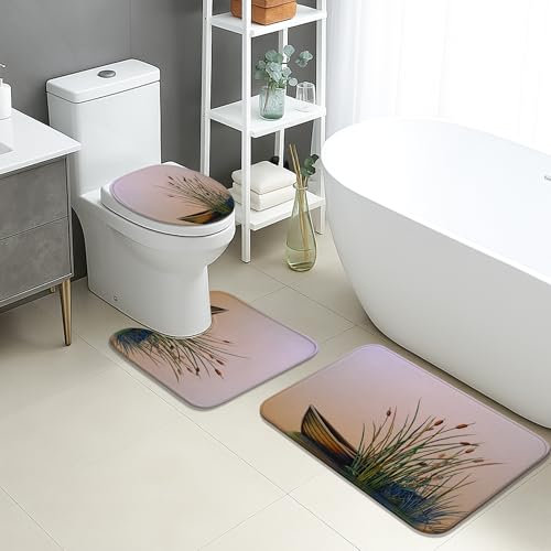 Serene Bathroom Mat Sets 3 Piece, Artistic Boat and Reeds Absorbent Non Slip Toilet Rugs U Shaped Washable, Tranquil Summer Quick Dry Memory Foam Bathroom Rug Set