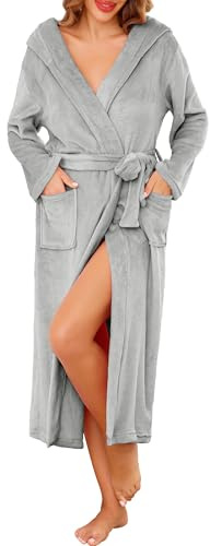 Wikoan Accappatoio da Donna in Flanella Morbida Lungo con Cappuccio Tasche e Cintura,Grigio Chiaro,S