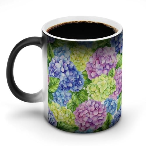 Jubonexis Colorful Hydrangeas with Green Leaves Color Changing Mugs Heat Changing Ceramic Coffee Mug Novelty Funny Tea Water Cup 11OZ