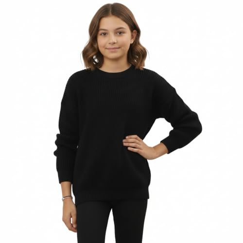 HUBIBUBI Kids Unisex Chunky Fisherman Cable Knit Jumper – Girls Boys Long Sleeve Warm Winter Pullover Sweater – Soft Thick Knitwear – Crew Neck – Black