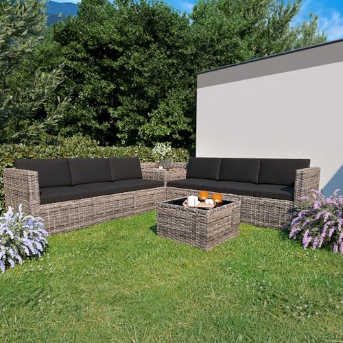GARMIO® Turin 8-teilig Rattan Garten-Lounge | Polyrattan Ecklounge mit Stauraum-Box & Glas-Tisch | wetterfeste Kissen, modular & flexibel