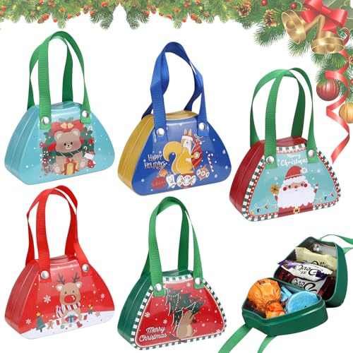 5 contenitori natalizi in latta stagnatale, per biscotti di Natale, in metallo, portatili, per caramelle, biscotti e piccoli regali