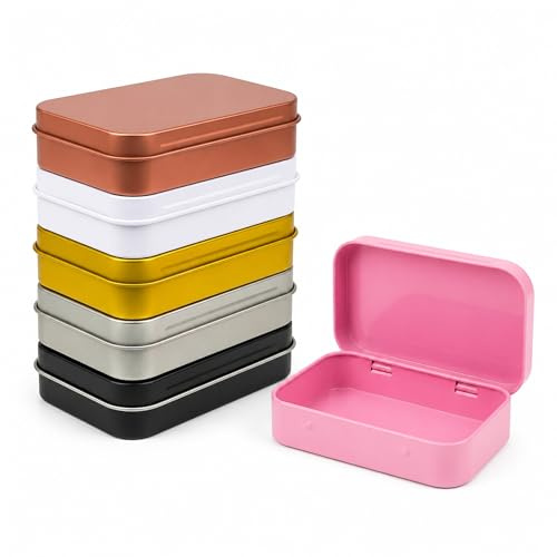 LJY 6 Rectangular Metal Tin Boxes with Hinged Lids, 6 Colours | One silver, black, white, gold, rose gold and pink 95 x 60 x 22 mm tin for colour-coded small-part storage