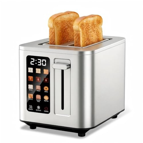 TAZTIR Touch Screen Toaster 2 Slice, Digital Stainless Steel Bread Toaster with Timer, 1.5'' Wide Slot, 6 Shade Settings & 6 Bread Types, Bagel Defrost Reheat Cancel Functions