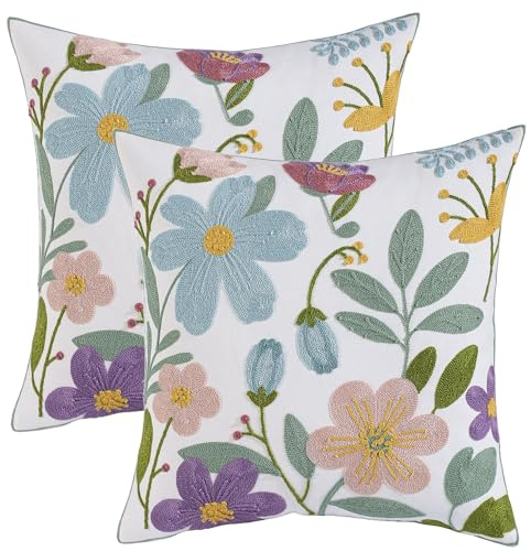 Tosleo Lot de 2 Housse de Coussin Fleurs Brodées 45 x 45 cm Fleurs Violets et Bleus Décoratif Taie d'oreiller pour Canapé Salon Chambre Chaise Jardin Maison Fauteuil Printemps Décoration