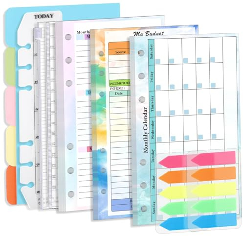 Ricarica per agenda A6, inserti per agenda A6 1 set di inserti per raccoglitore a 6 fori Kit completo di sostituzione del raccoglitore di budget con piano mensile settimanale, pagina finanziaria, bor
