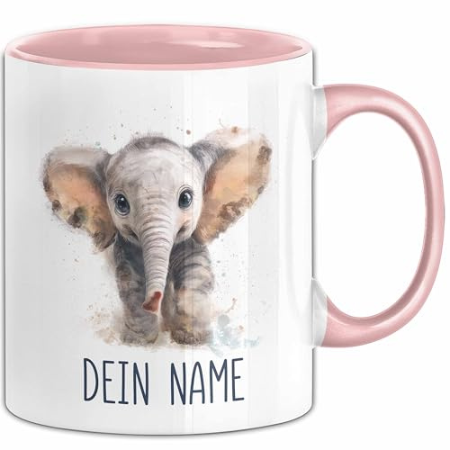 Elefanten Tasse mit Namen – Personalisierte Tasse Geburtstag Geschenkidee Tiermotiv Becher mit Namen (Rosa)
