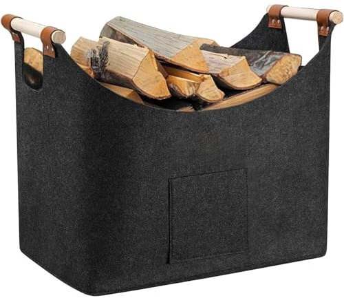 Cesta Legnas Camino con Tasca Laterale,Borsa in Feltro per Legna da Ardere,Cesto Portalegna,Borsa Portalegna,Può Contenere Giornali Vestiti Giocattoli Accessori Camino,45x32x40cm,Grigio Scuro