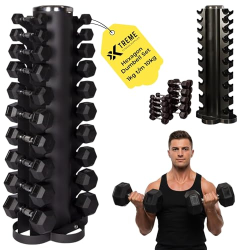Hexagon Hantel Set 1-10 kg mit Hantelturm, Komplettes Hantelset mit Ständer | mit 10 Paar Hex Hanteln, Kompakter Kurzhantel Ständer für Home Gym und Studio - 8L x 7B cm